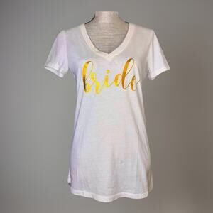 Bride Spell Out Sz Large White Shiny Gold V-Neck Shirt Bachelorette Party Tee